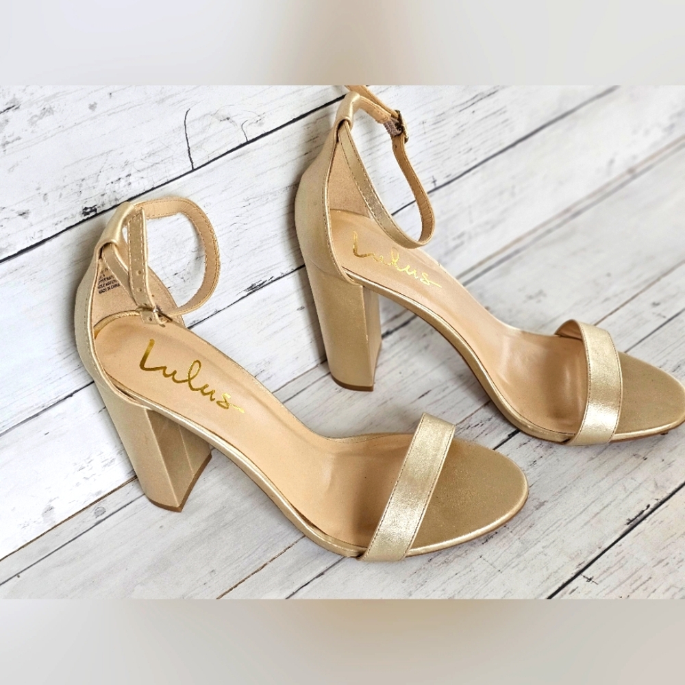 Lulus Dressy Taylor Metallic Champagne Gold Block Ankle Strap Chunky Heels - Picture 3 of 11